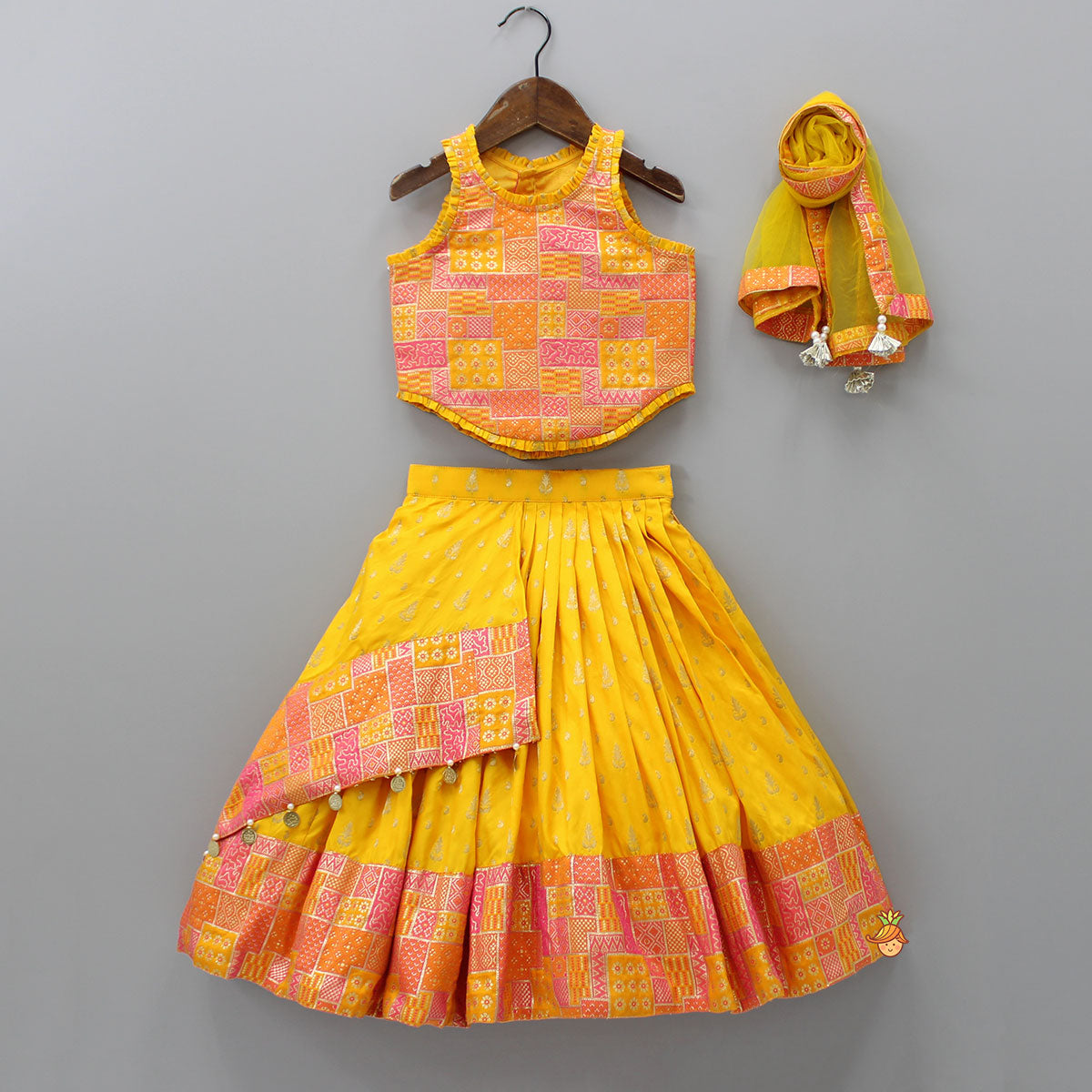 Yellow Multicolour Brocade Printed Top With Pleated Flap Lehenga And Net Dupatta