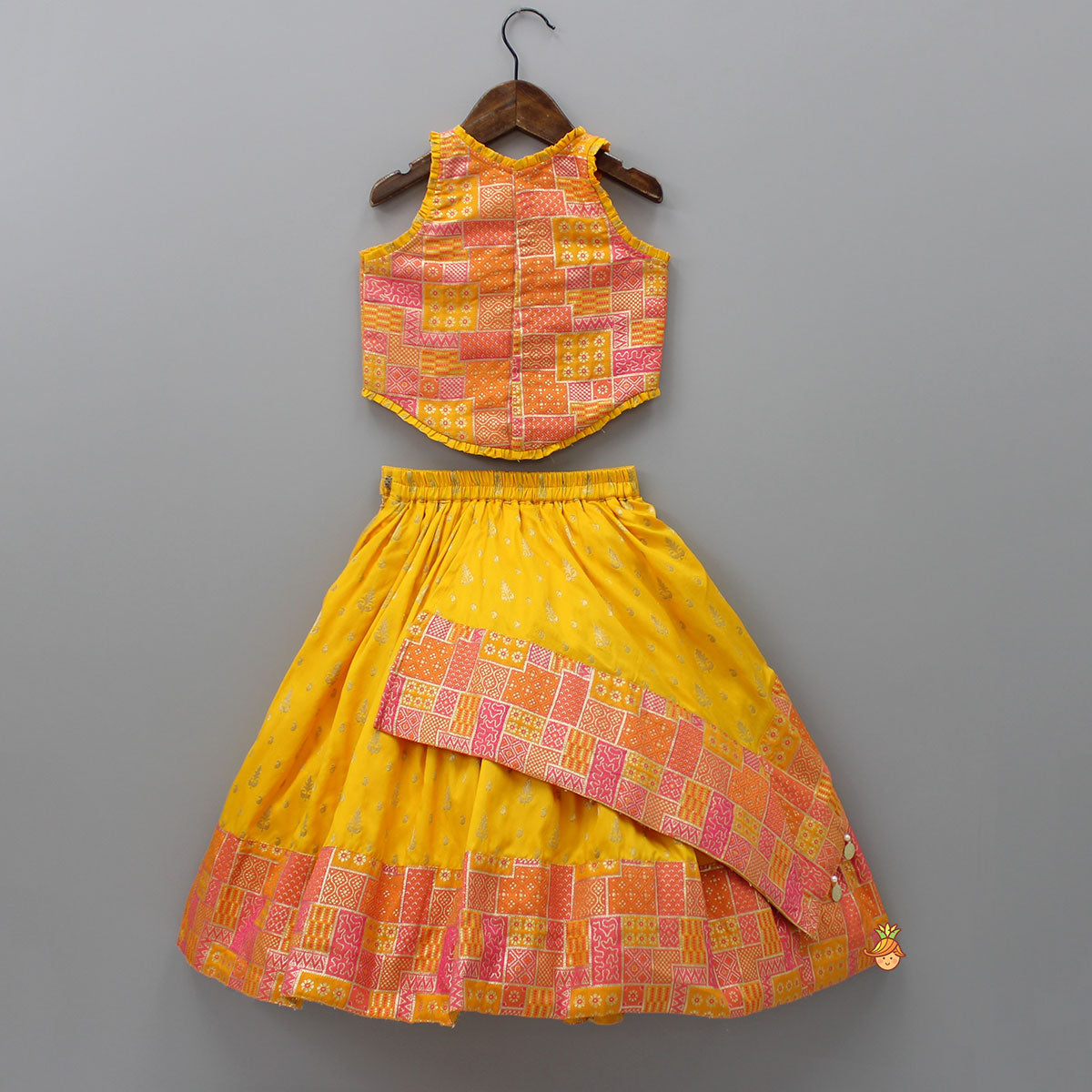 Yellow Multicolour Brocade Printed Top With Pleated Flap Lehenga And Net Dupatta