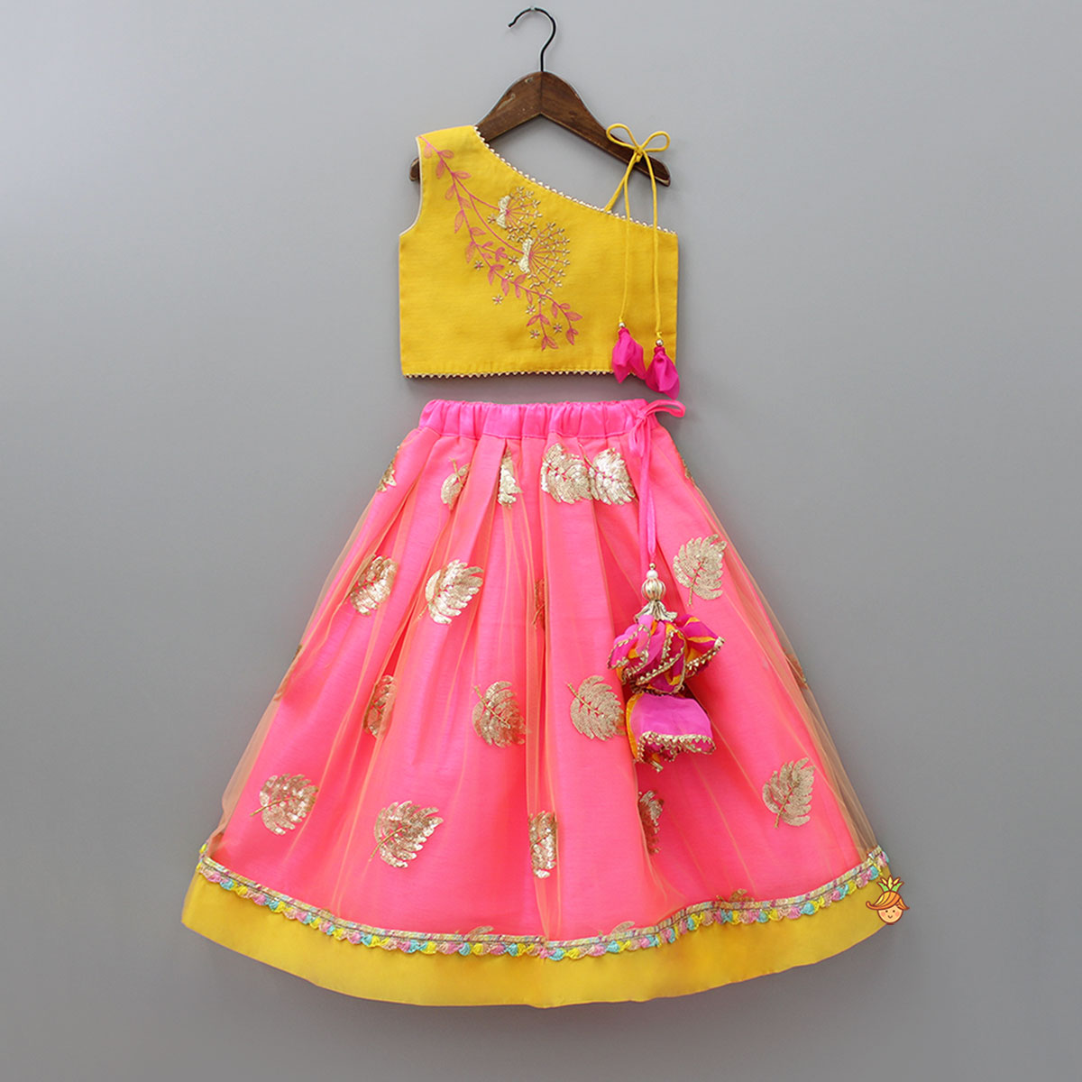 Embroidered One Shoulder Yellow Top With Pink Lehenga