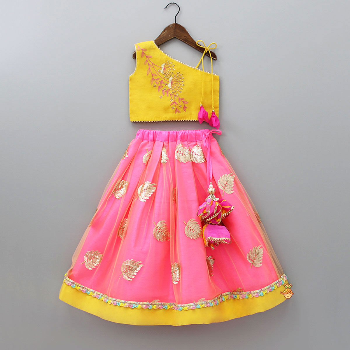 Embroidered One Shoulder Yellow Top With Pink Lehenga