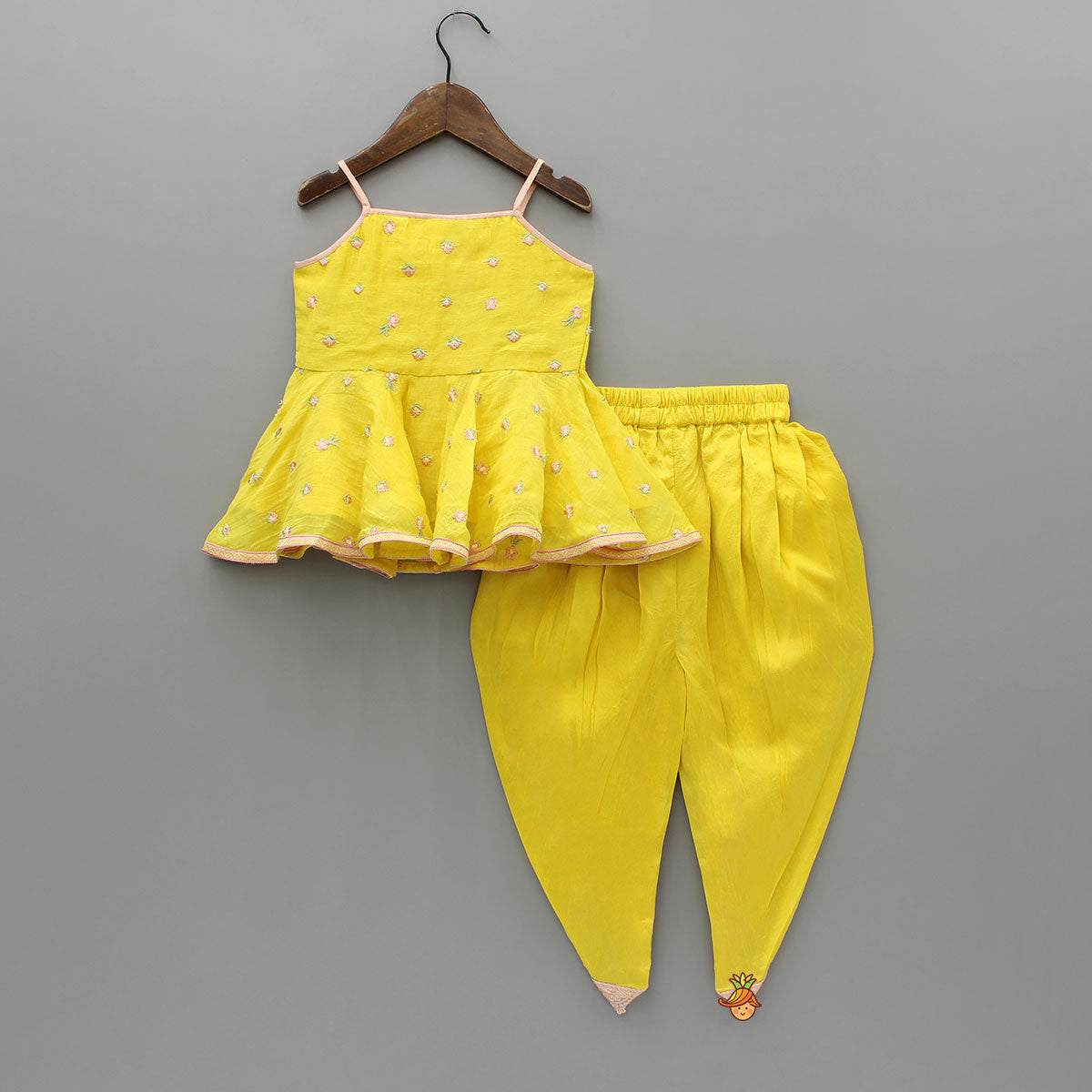 Yellow Embroidered Strappy Top And Tulip Dhoti