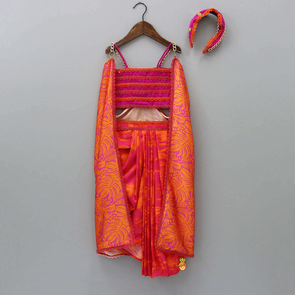 Dual Colour Top And Stylish Dhoti Skirt With Matching Cape And Hairband