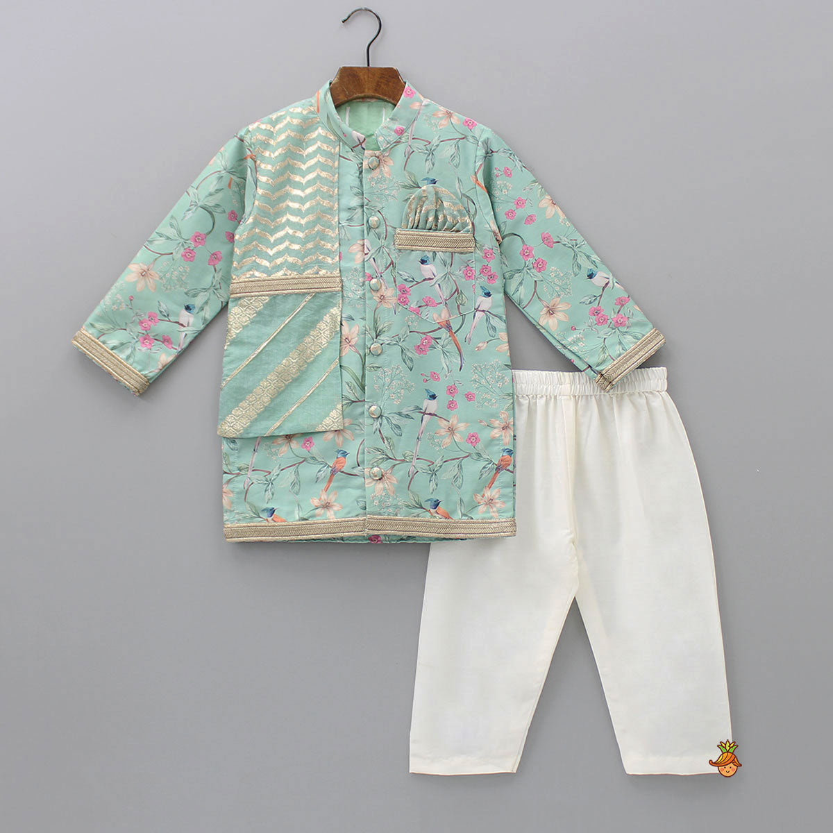 Flap Green Ethnic Kurta And Off White Pyjama