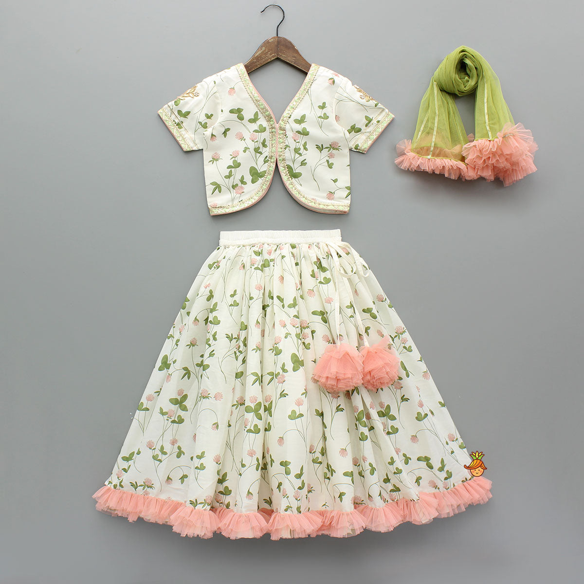 Floral Printed Crop Top With Lehenga And Net Dupatta