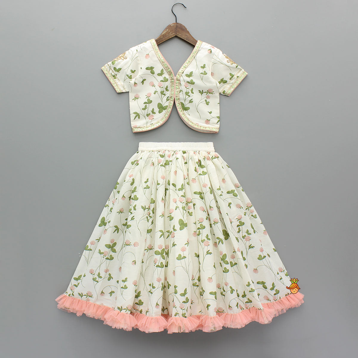 Floral Printed Crop Top With Lehenga And Net Dupatta