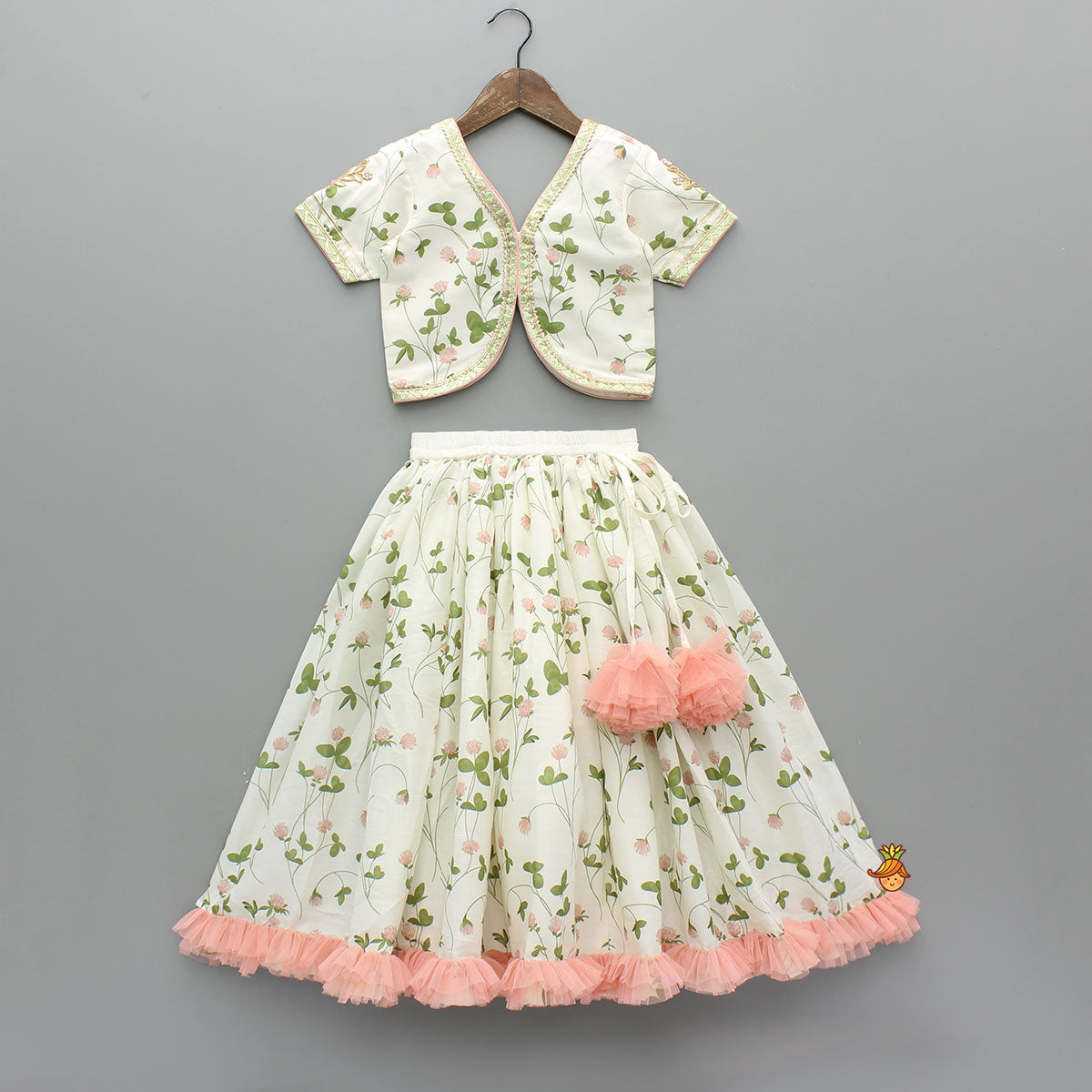 Floral Printed Crop Top With Lehenga And Net Dupatta