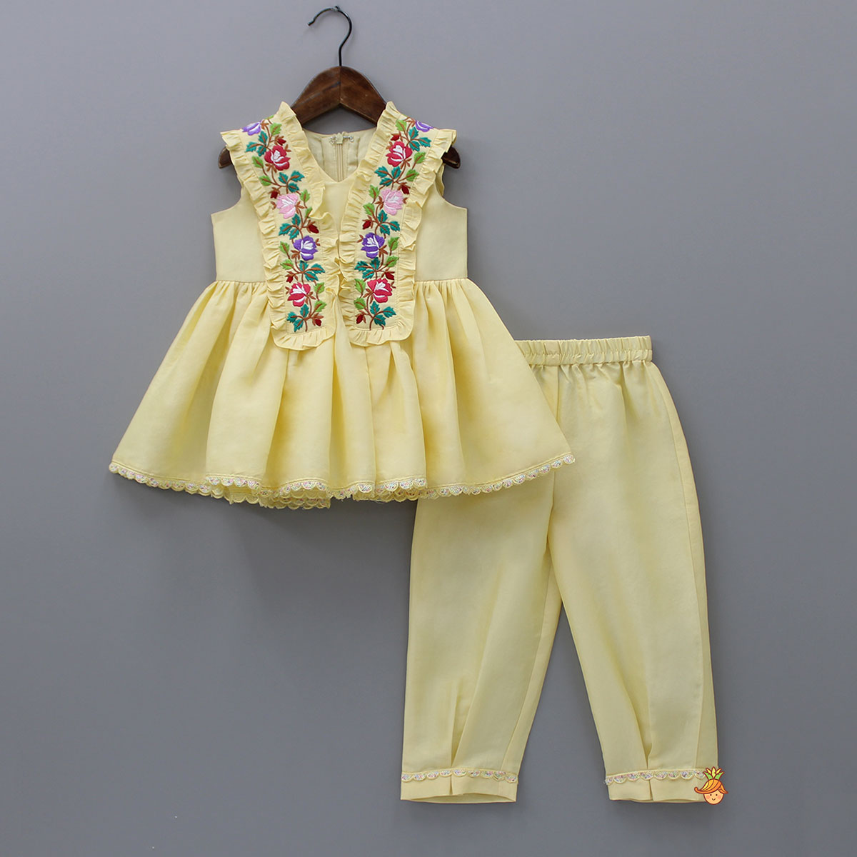 Floral Embroidered Yellow Kurti And Pant