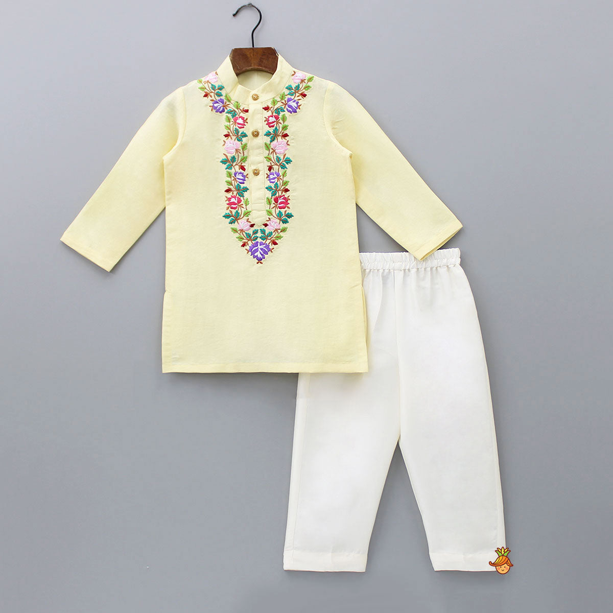 Floral Embroidered Yellow Kurta And Pyjama