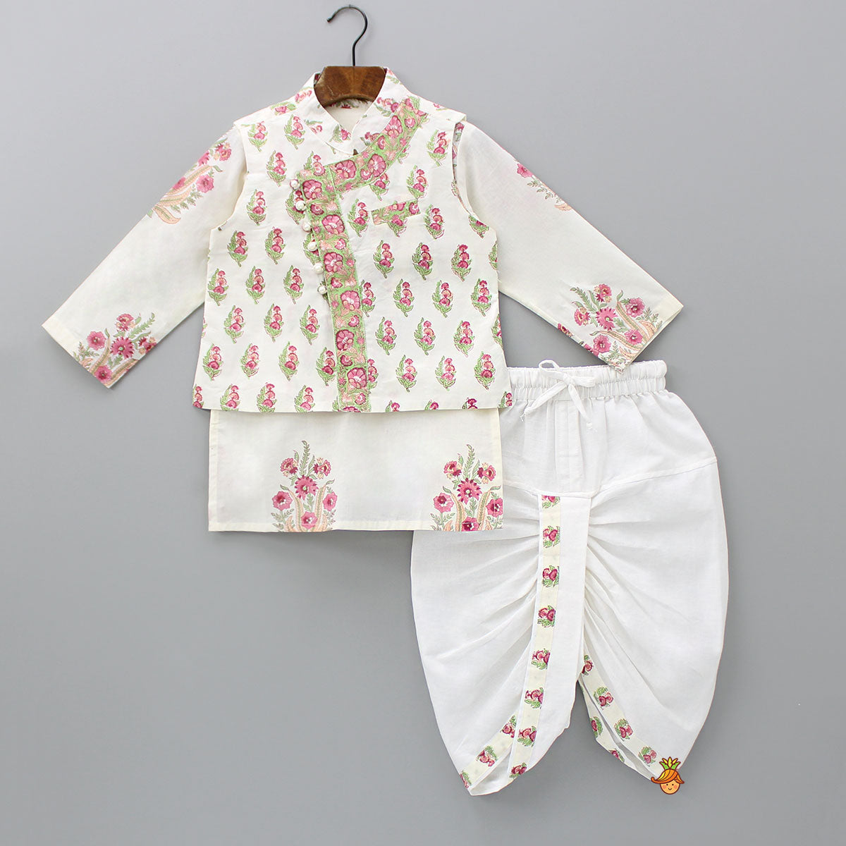 Floral Printed Kurta With Handworked Jacket And Dhoti.