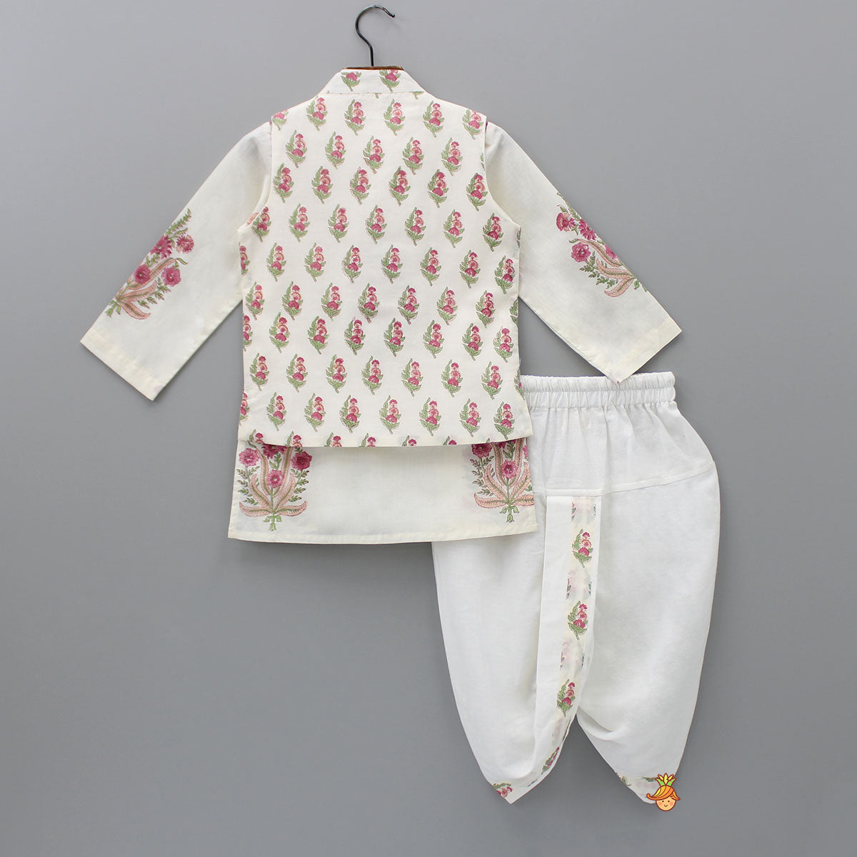 Floral Printed Kurta With Handworked Jacket And Dhoti.