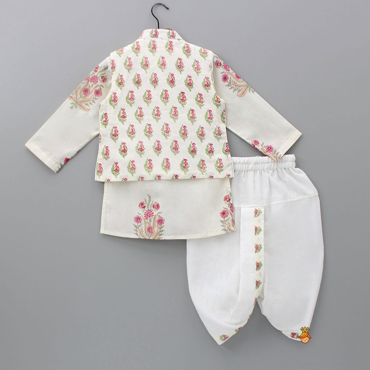 Floral Printed Kurta With Handworked Jacket And Dhoti.