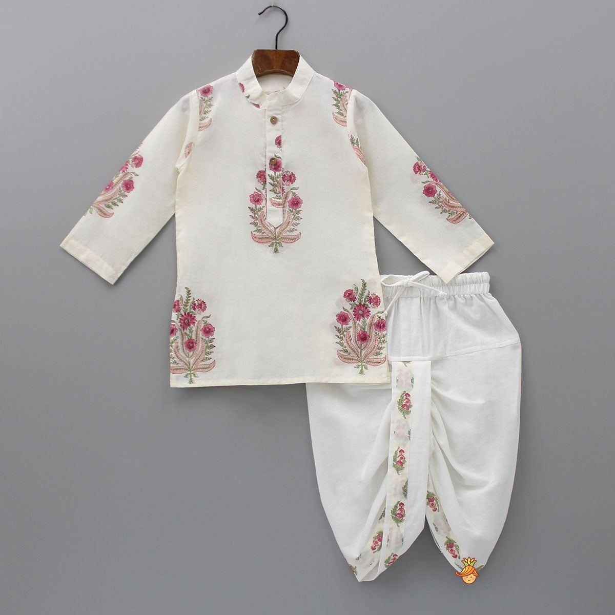 Floral Printed Kurta With Handworked Jacket And Dhoti.