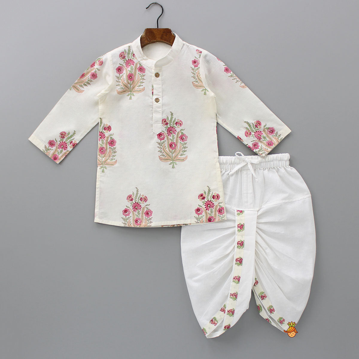 Floral Printed Kurta With Handworked Jacket And Dhoti.