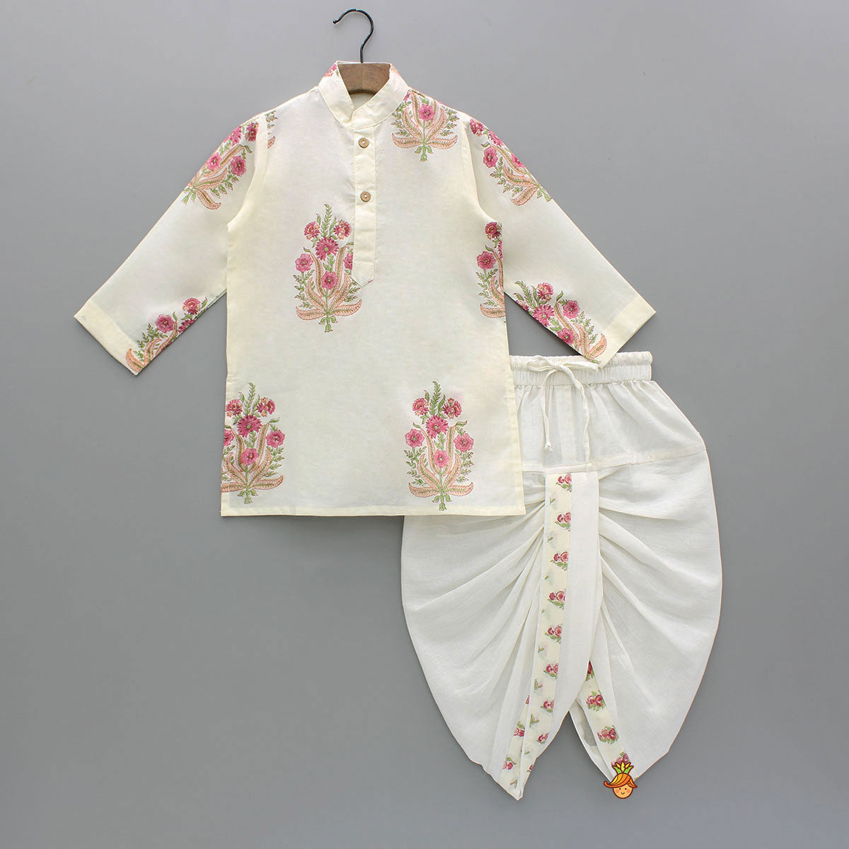 Floral Printed Kurta With Handworked Jacket And Dhoti.
