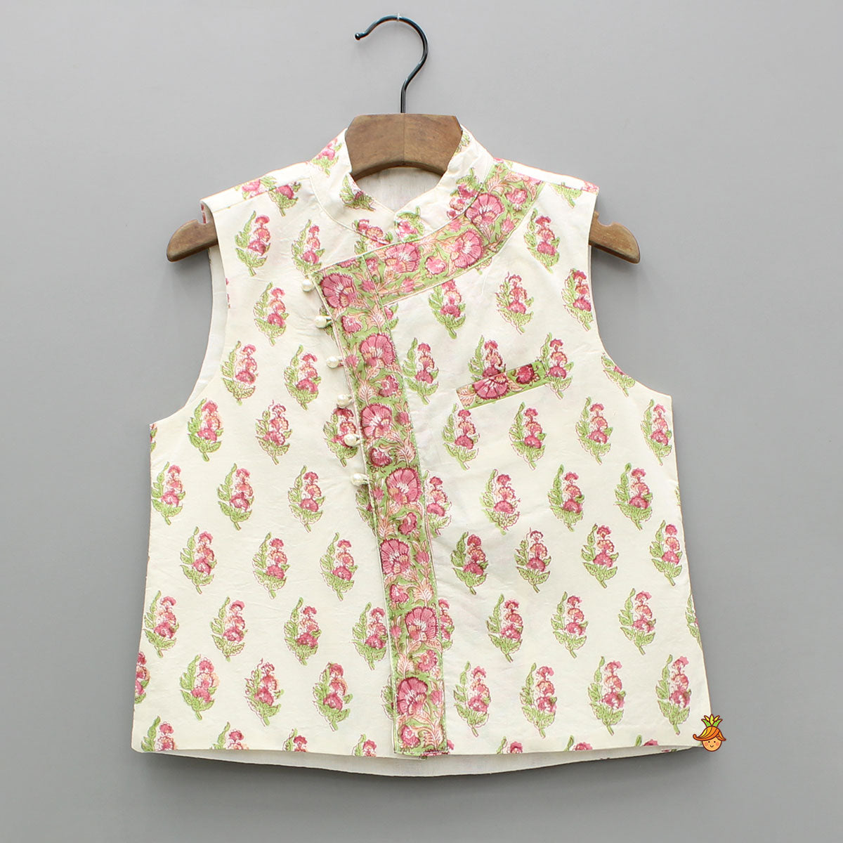 Floral Printed Kurta With Handworked Jacket And Dhoti.