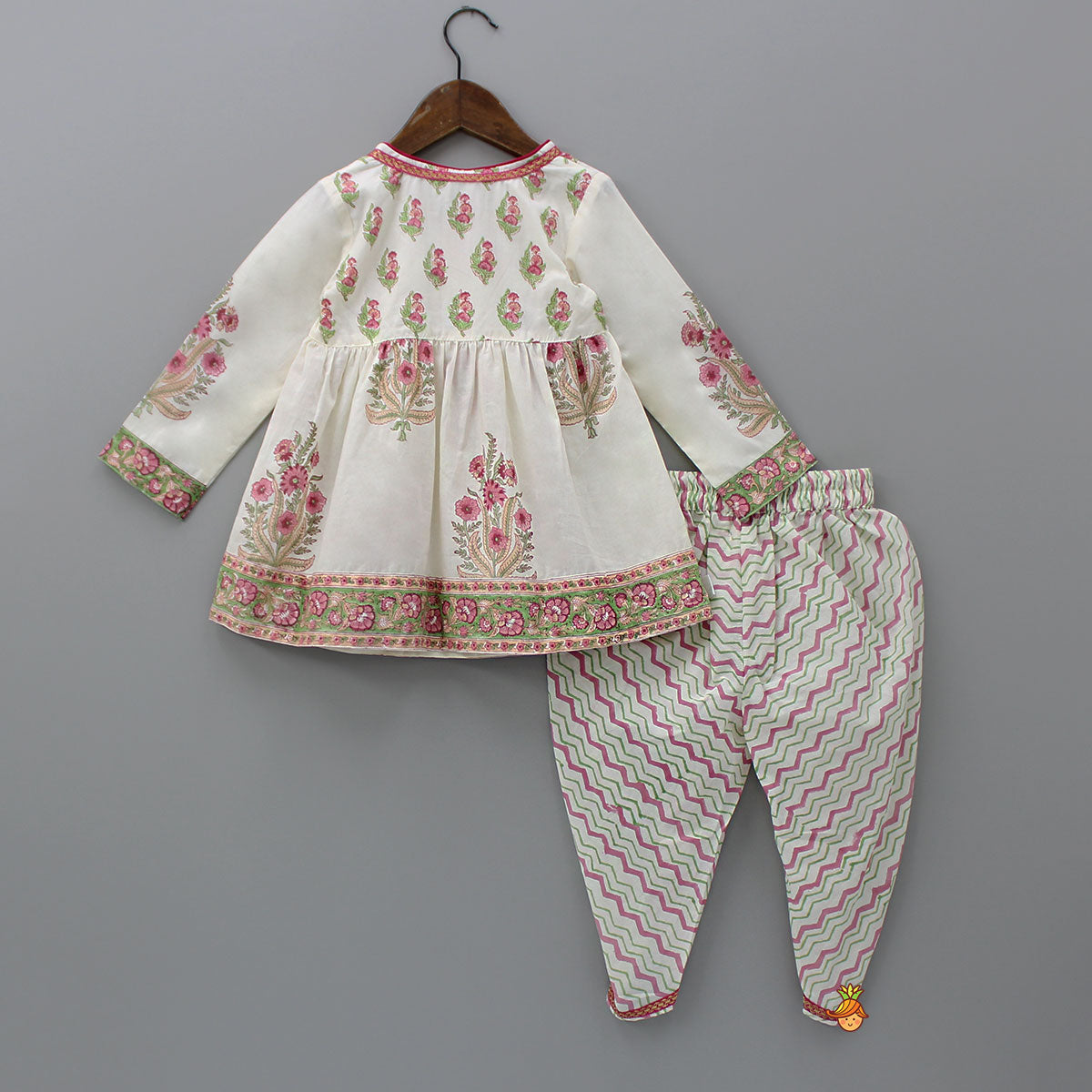 Floral Angarkha Kurti And Chevron Printed Tulip Pants