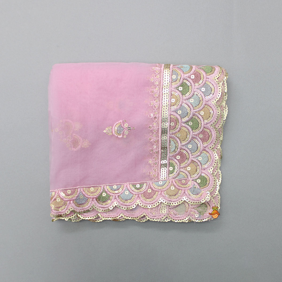 Sequin And Thread Embroidered Pink Organza Dupatta