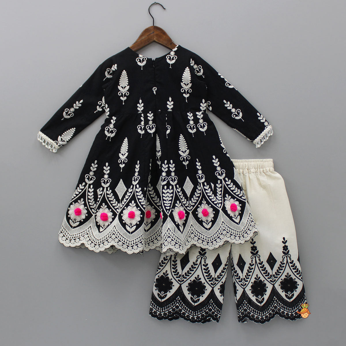 Thread Embroidered Black Kurti And Palazzo With Net Dupatta