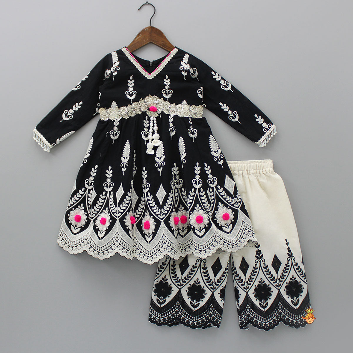 Thread Embroidered Black Kurti And Palazzo With Net Dupatta