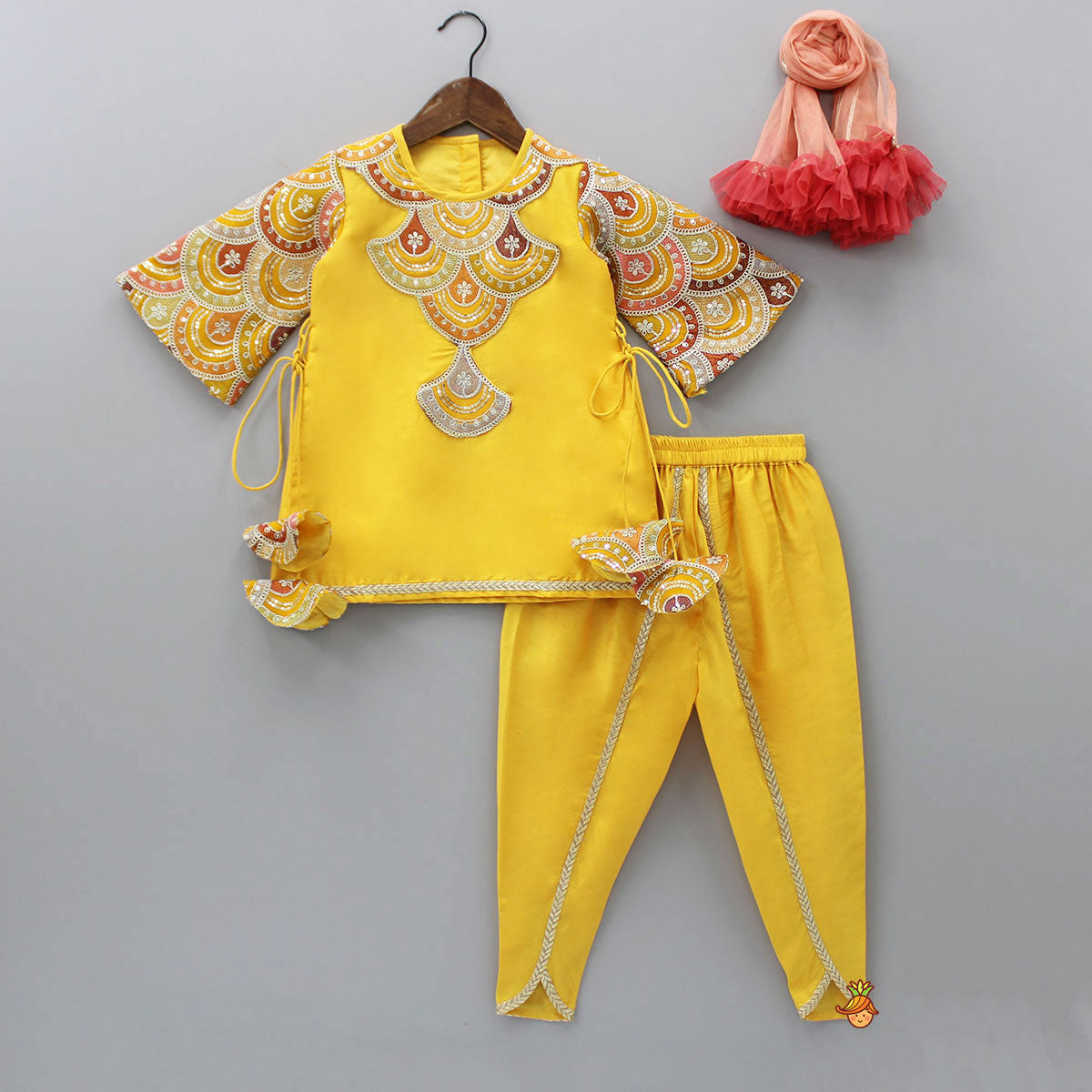 Embroidered Mustard Kurti And Tulip Dhoti With Net Dupatta