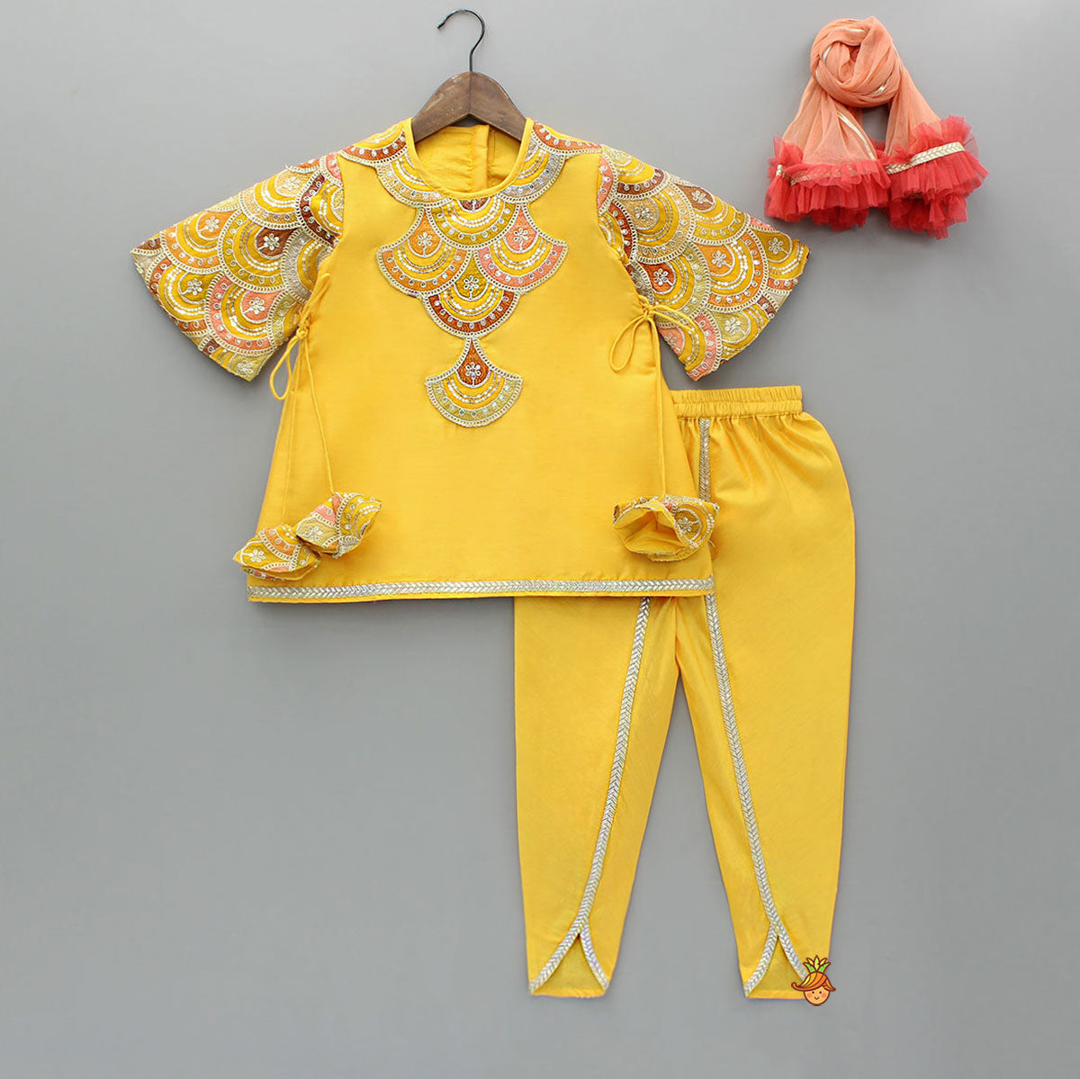 Embroidered Mustard Kurti And Tulip Dhoti With Net Dupatta