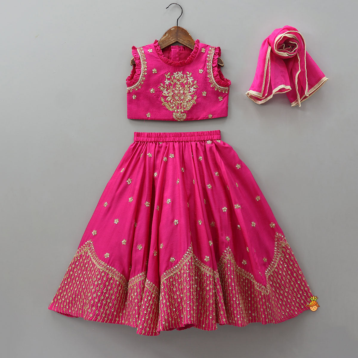 Sequin Embroidered Pink Top And Lehenga With Matching Net Dupatta