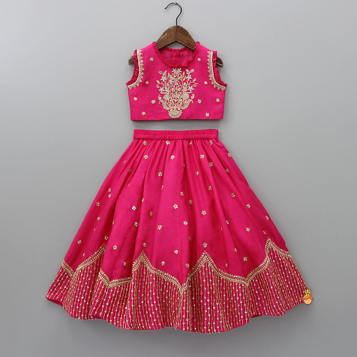 Sequin Embroidered Pink Top And Lehenga With Matching Net Dupatta