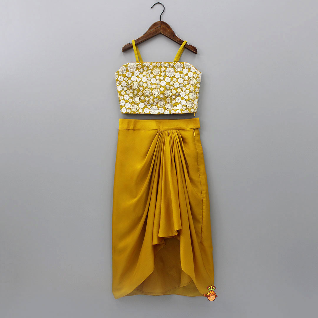 Mustard Sequin Thread Embroidered Strappy Crop Top With Draped Skirt