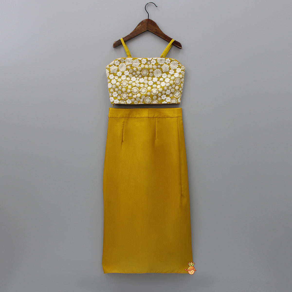 Mustard Sequin Thread Embroidered Strappy Crop Top With Draped Skirt