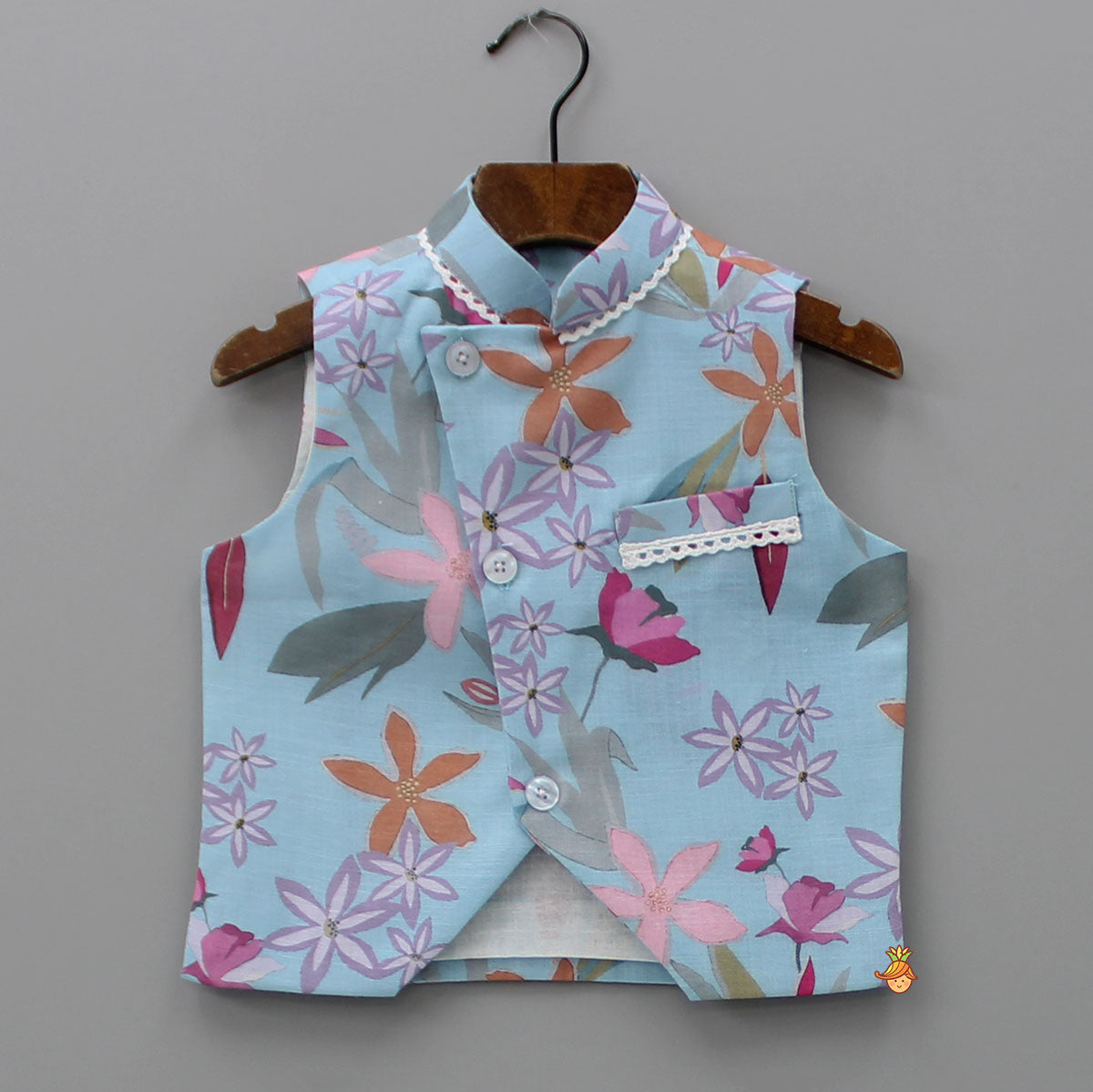 Blue Floral Printed Jacket With Pink Kurta And Pyjama