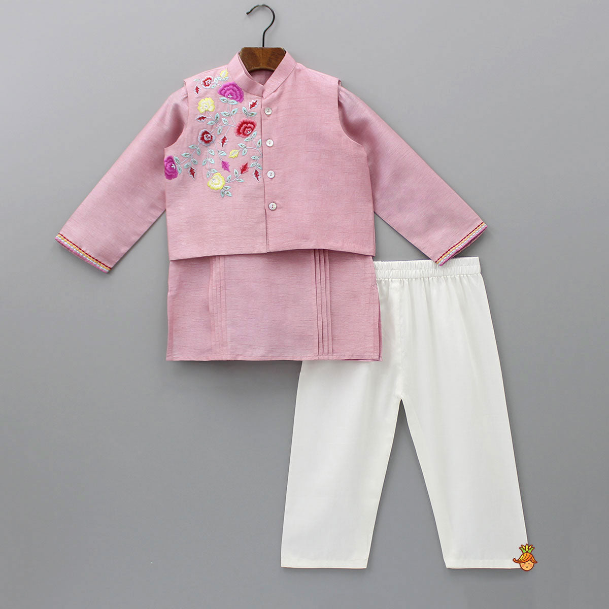 Purple Pintuck Kurta And Thread Embroidered Jacket With Pyjama