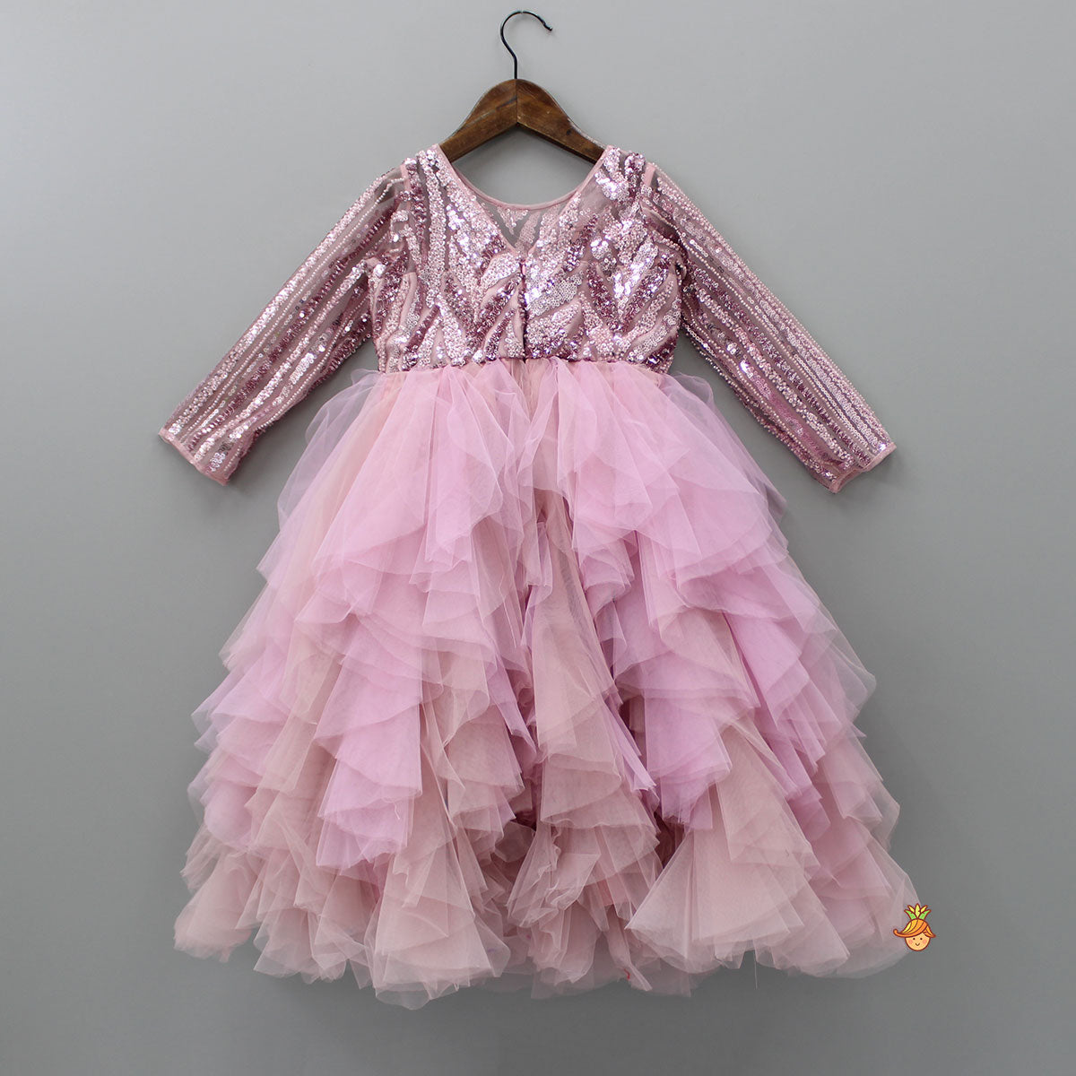 Sequin Detail Asymmetric Layered Pink Net Dress