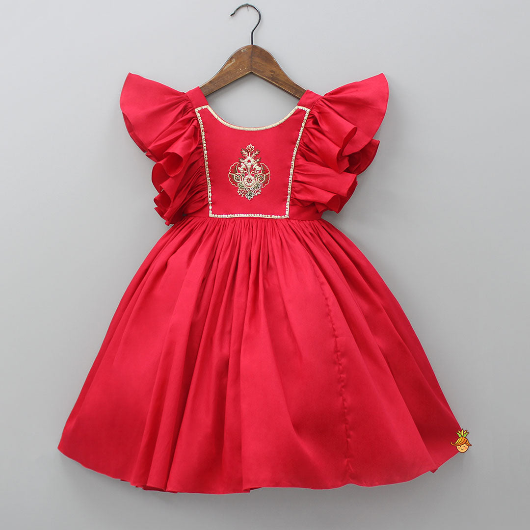 Red Hand Embroidered Frilly Dress