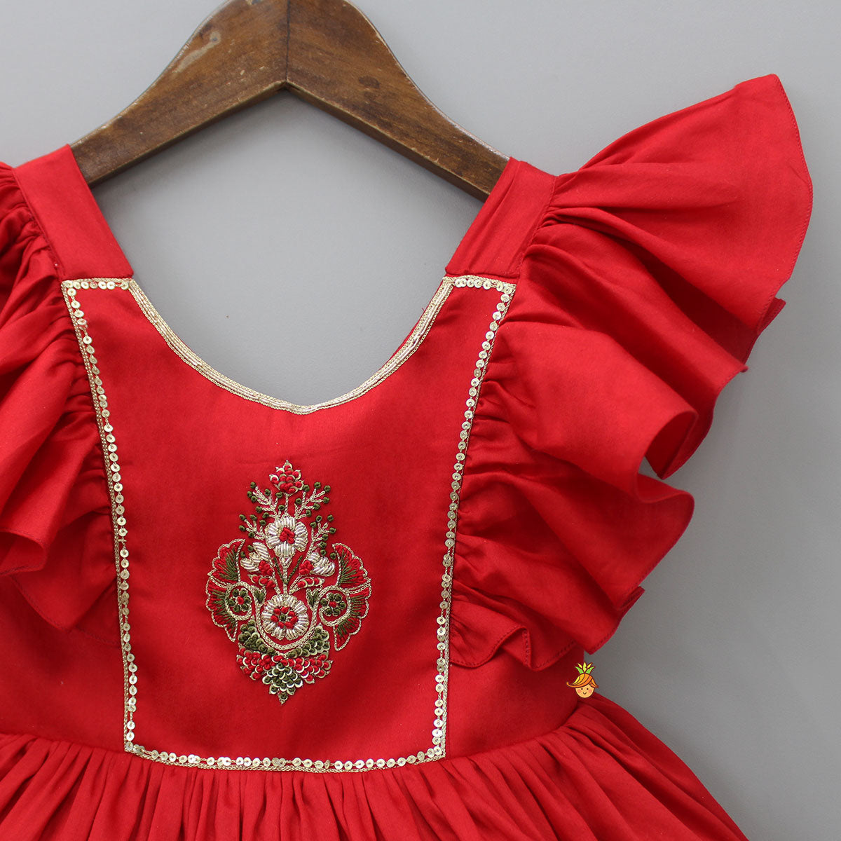 Red Hand Embroidered Frilly Dress