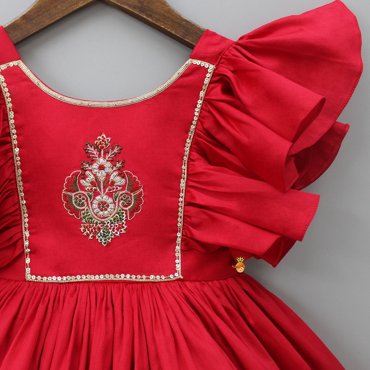 Red Hand Embroidered Frilly Dress