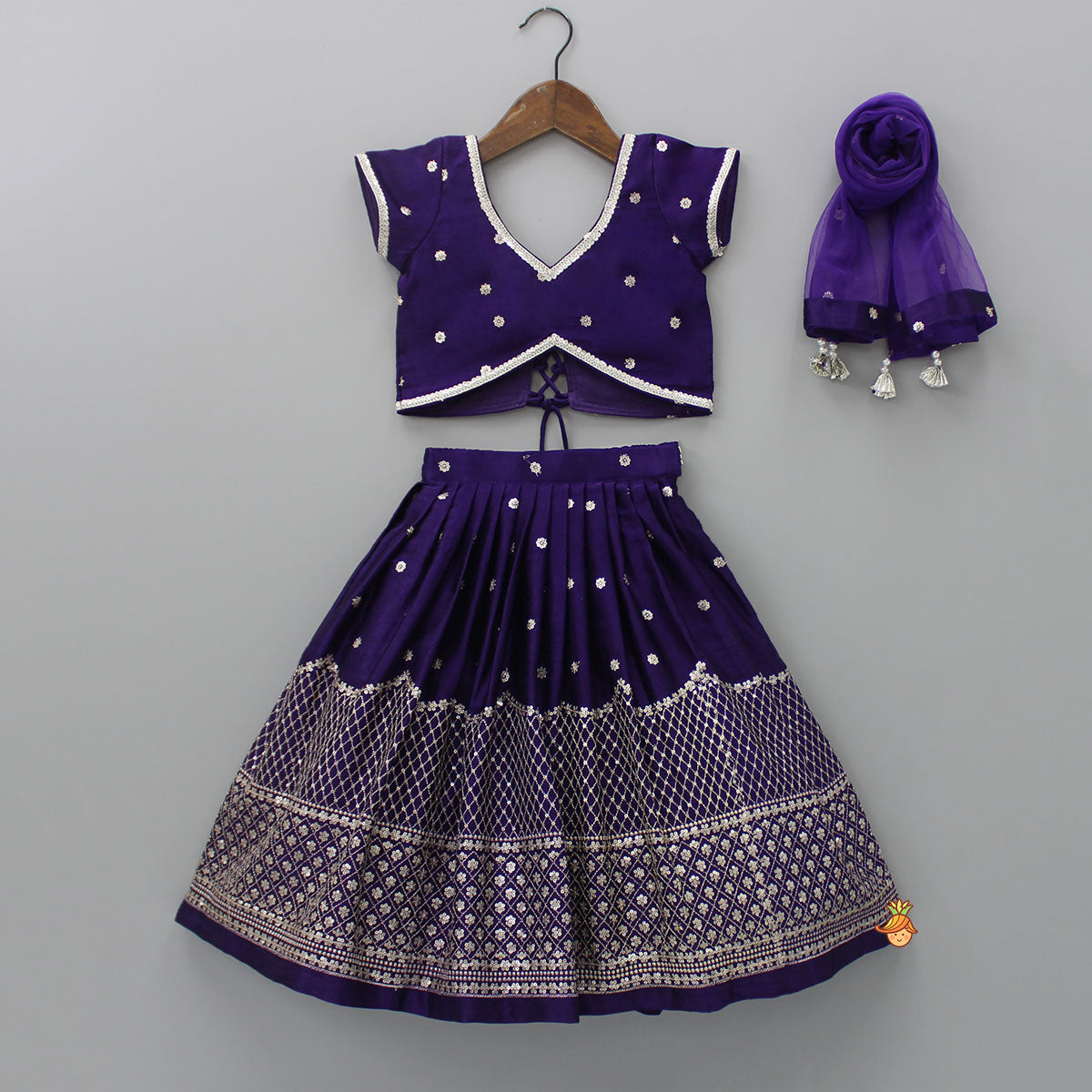 Sequin Embroidered Purple Top And Lehenga With Matching Net Dupatta