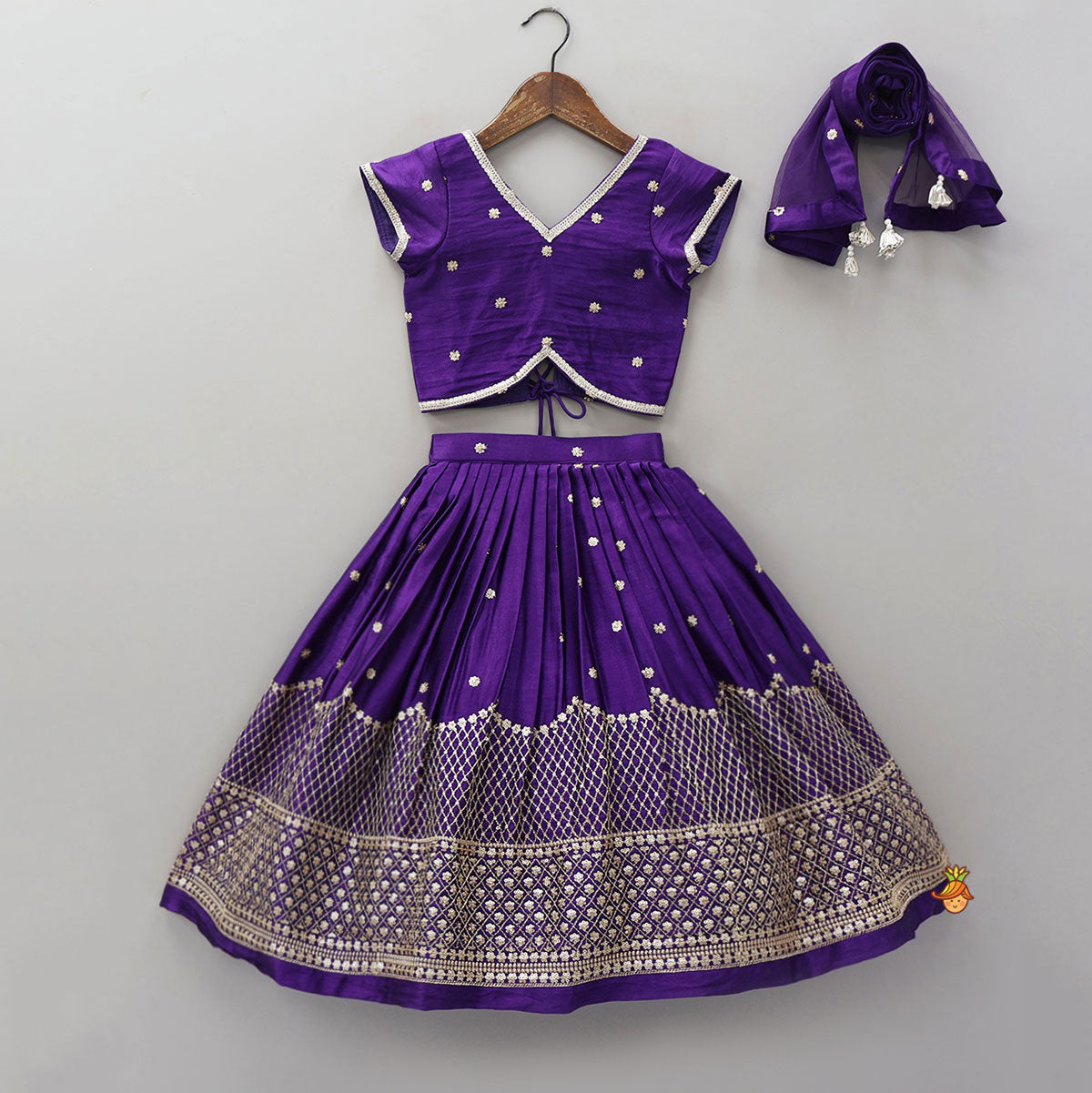Sequin Embroidered Purple Top And Lehenga With Matching Net Dupatta