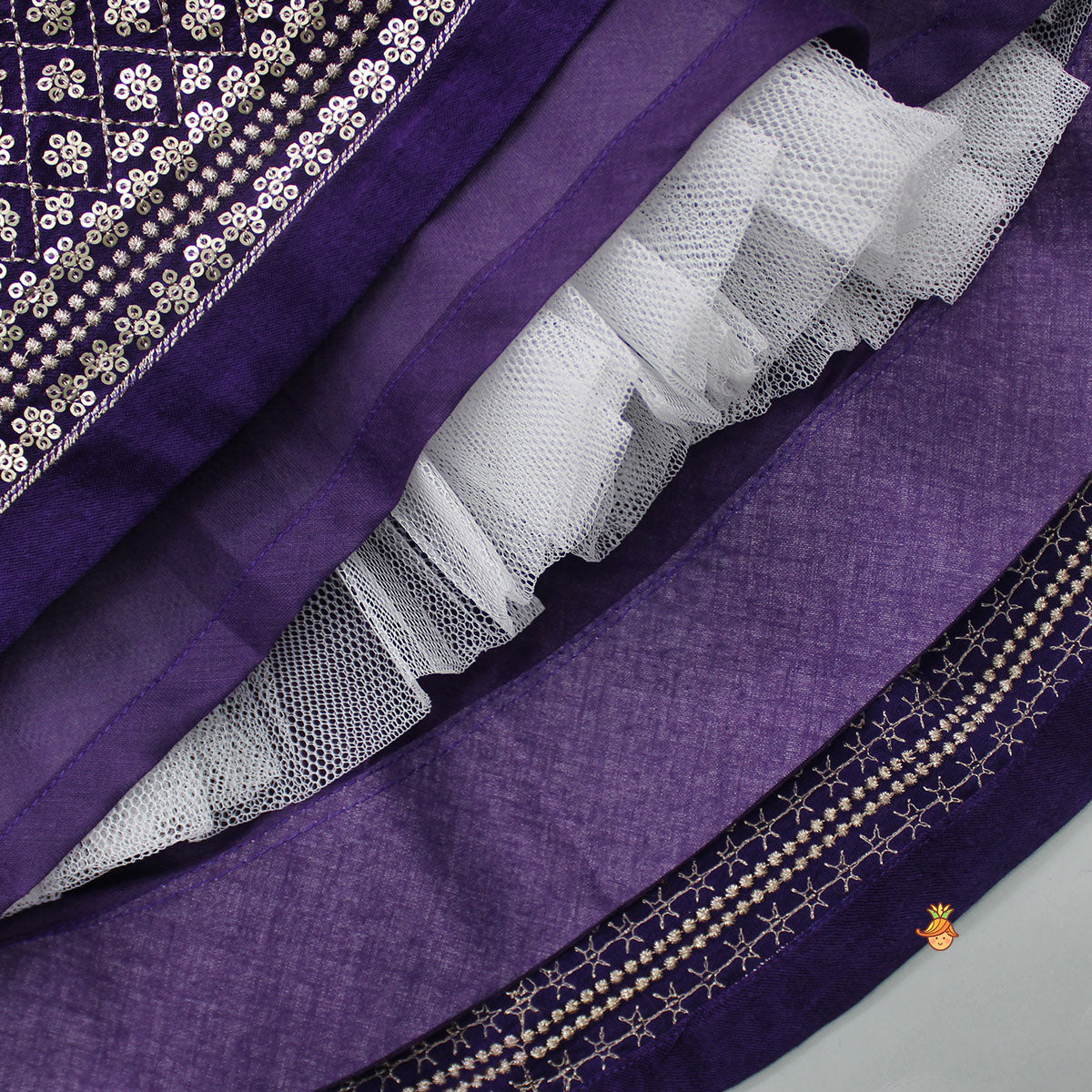 Sequin Embroidered Purple Top And Lehenga With Matching Net Dupatta