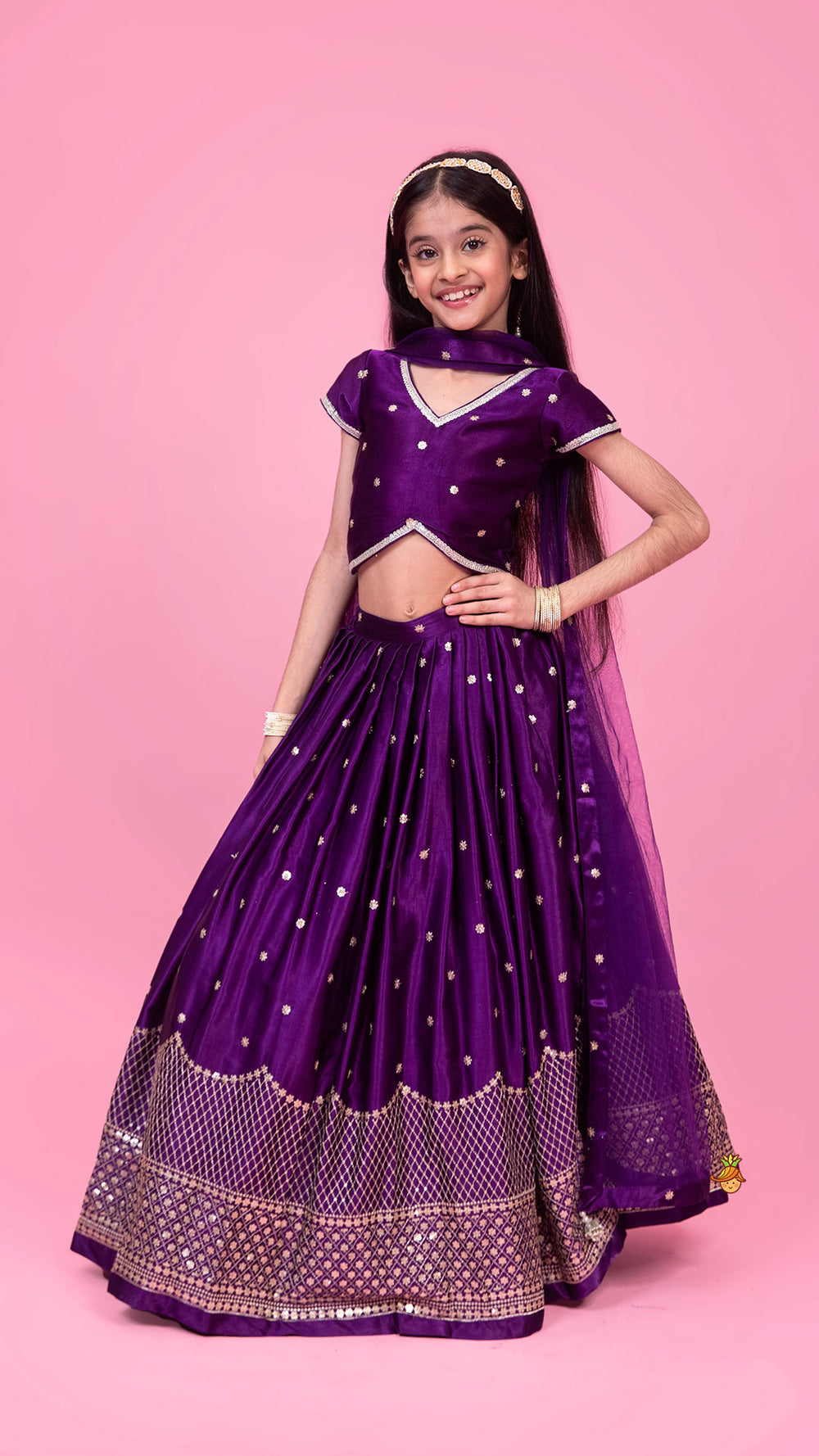 Royal Elegance Purple Hand-Embroidered Net Blouse with Velvet Lehenga and Dupatta