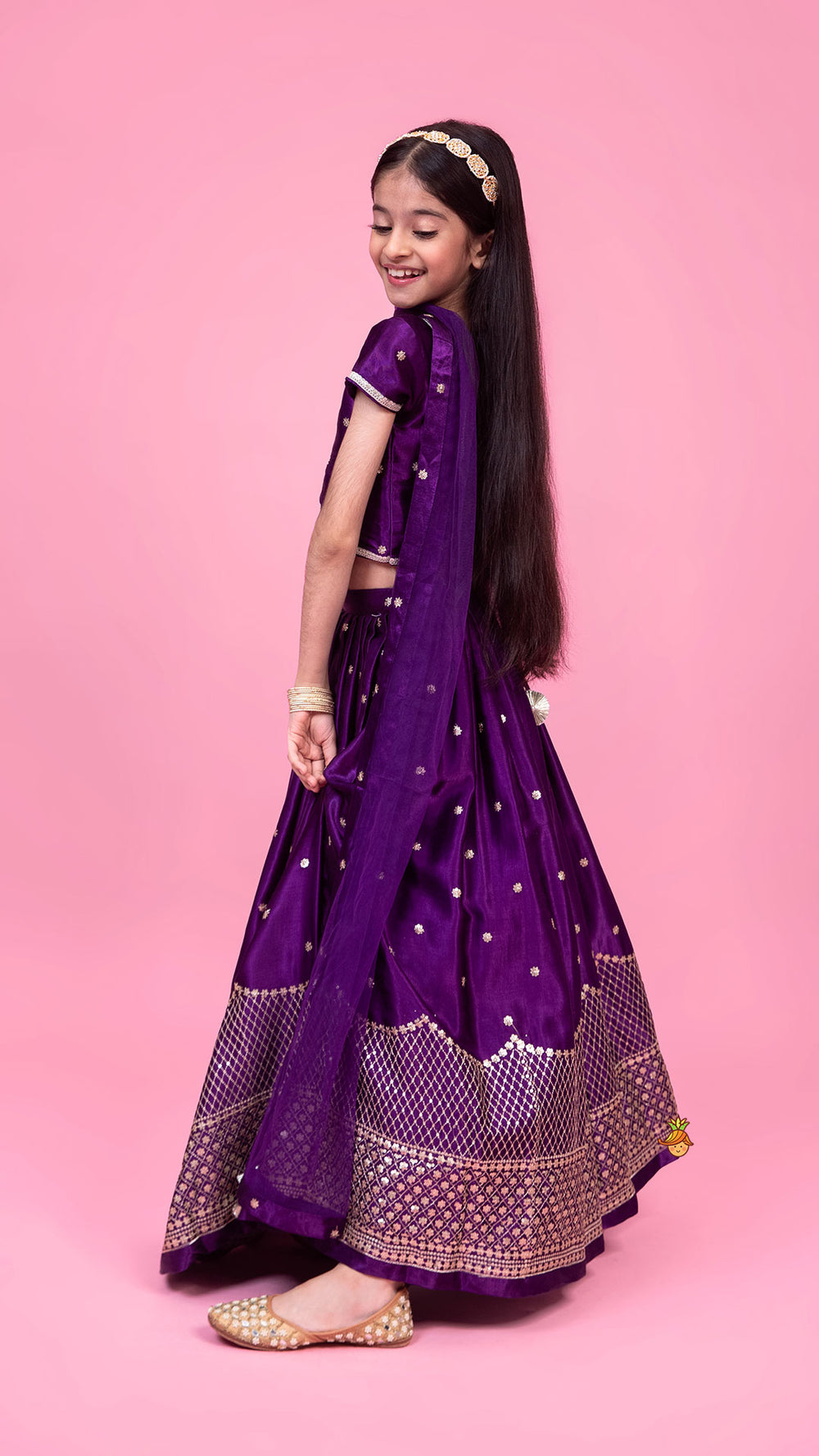 Sequin Embroidered Purple Top And Lehenga With Matching Net Dupatta main image 0