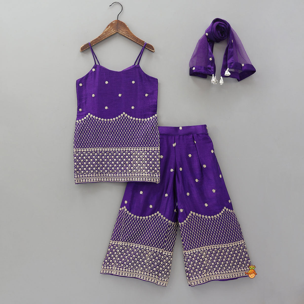 Sequins And Thread Embroidered Purple Strappy Kurti With Palazzo And Net Dupatta
