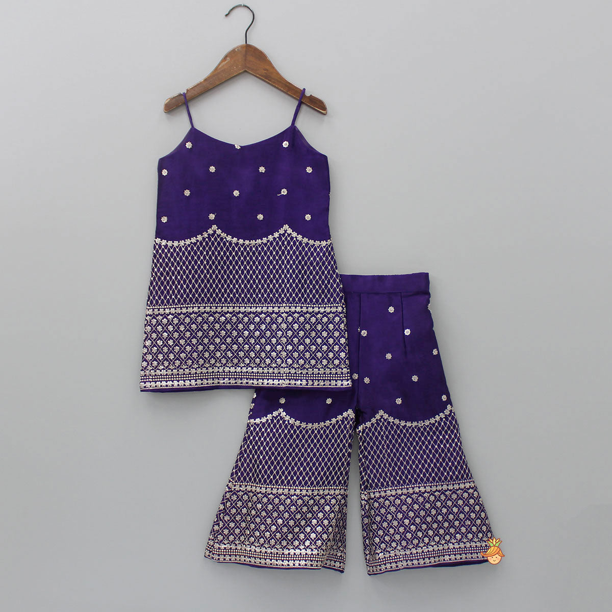 Sequins And Thread Embroidered Purple Strappy Kurti With Palazzo And Net Dupatta