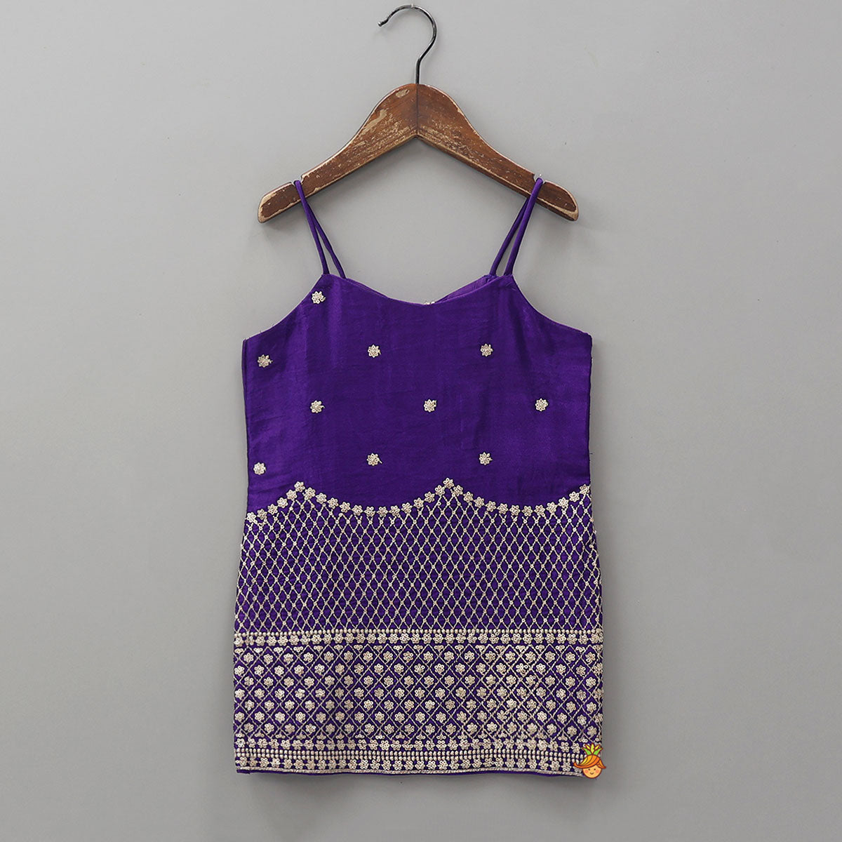 Sequins And Thread Embroidered Purple Strappy Kurti With Palazzo And Net Dupatta