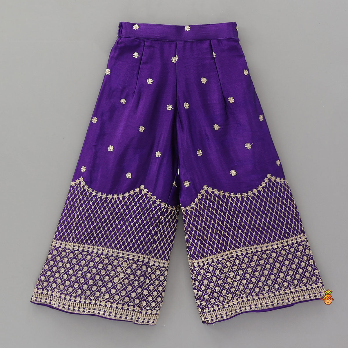 Sequins And Thread Embroidered Purple Strappy Kurti With Palazzo And Net Dupatta