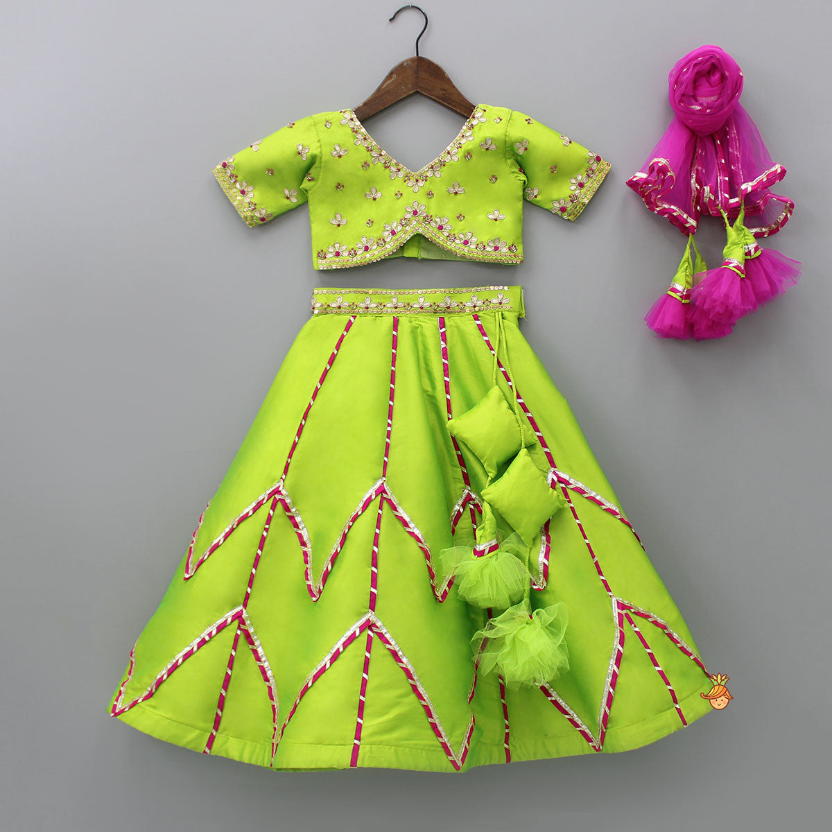 Green Embroidered Crop Top With Lehenga And Net Dupatta