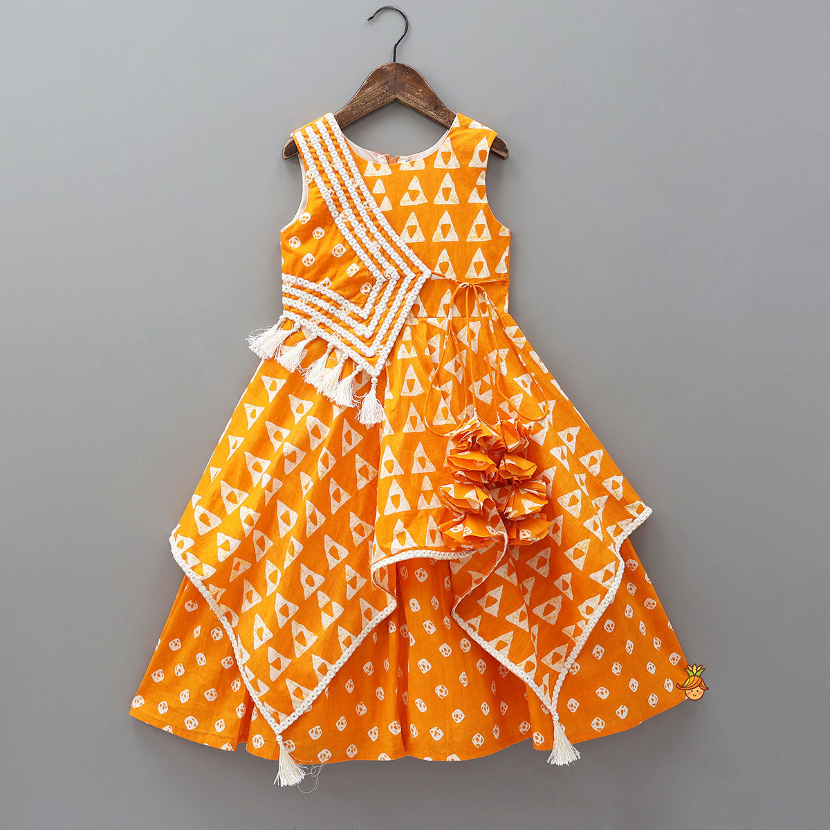 Orange Printed Kurti With Faux Mirror Work Flap