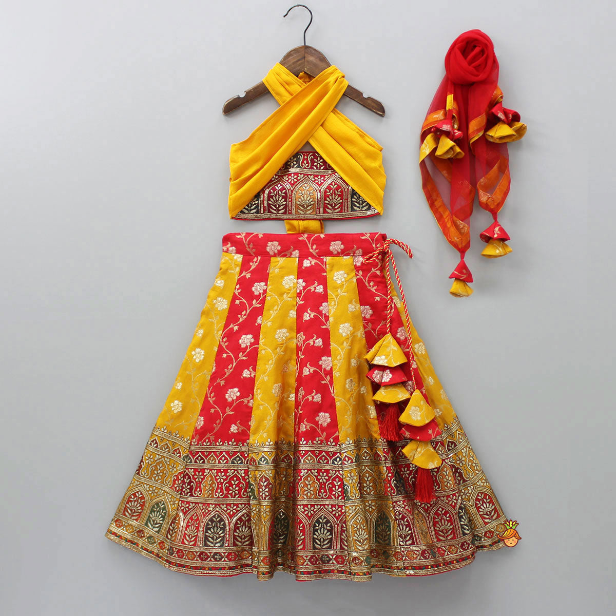 Embroidered Crop Top With Colour Blocked Lehenga And Net Dupatta