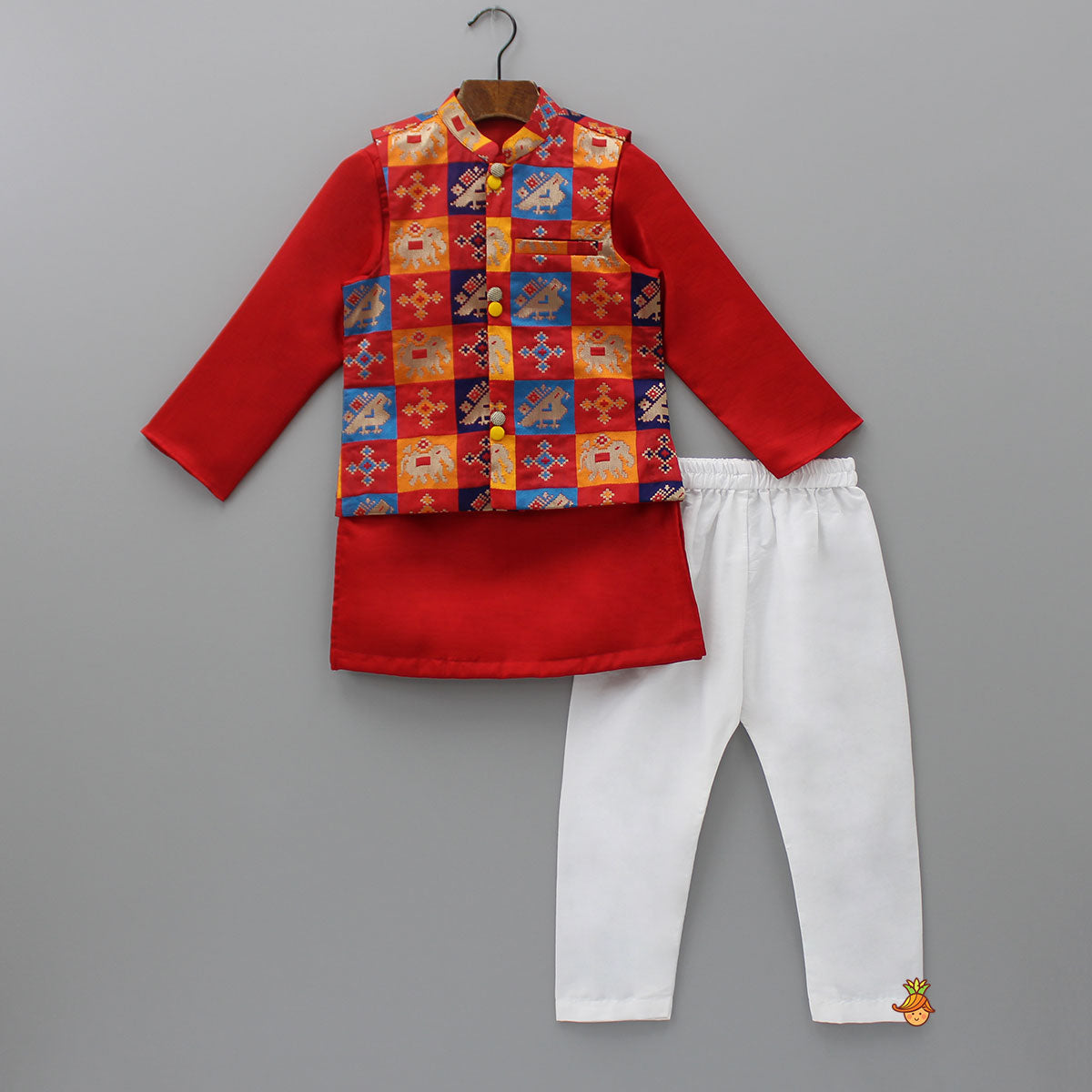 Red Kurta With Brocade Jacket And Pyjama