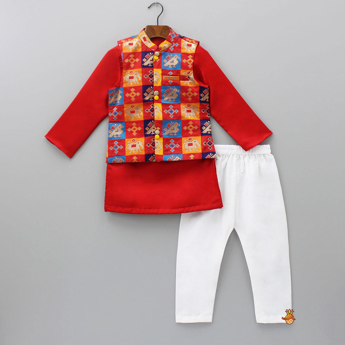 Red Kurta With Brocade Jacket And Pyjama