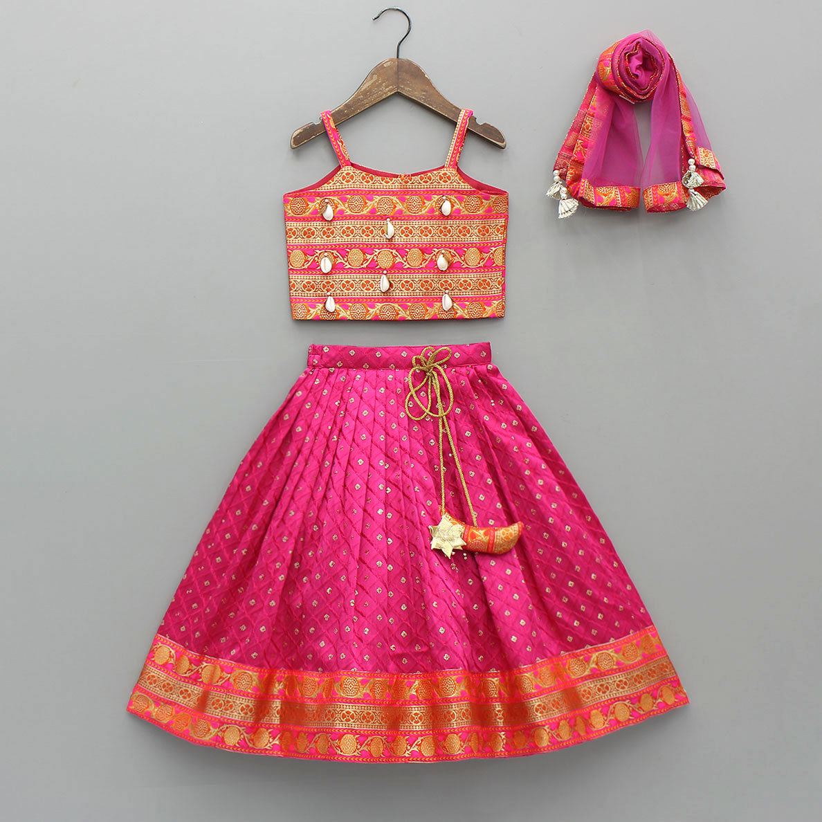 Brocade Strappy Top With Checks Embroidered Lehenga And Net Dupatta